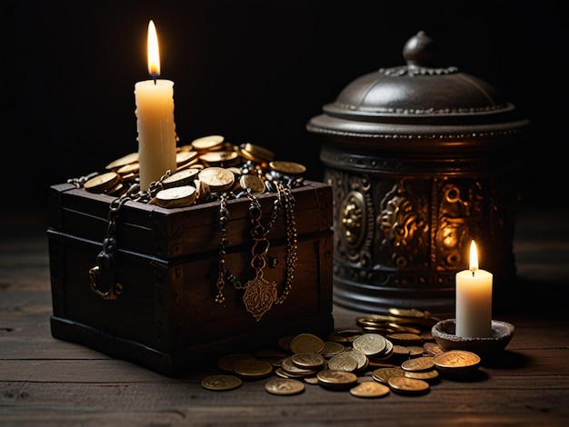 a box of coins with a lit candle and a lit candle in the background