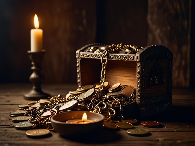 a box of coins with a lit candle and a lit candle in the background