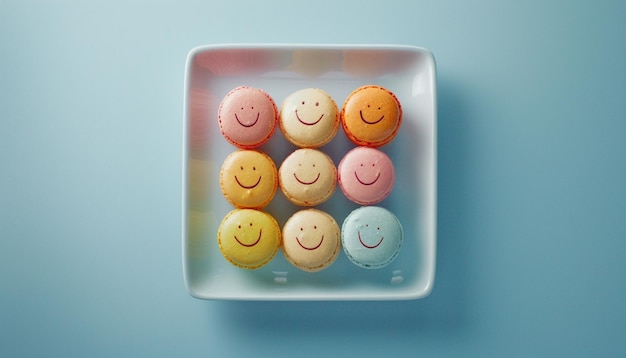 a box of colorful cupcakes with smiley faces