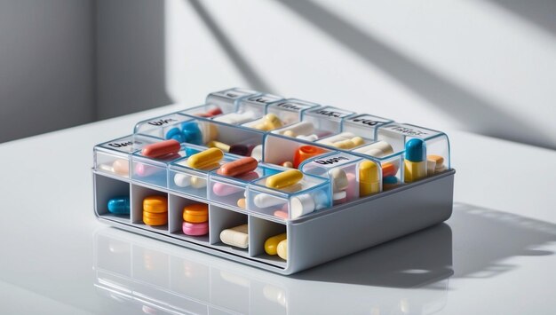 a box of different colored pills with the word quot on it