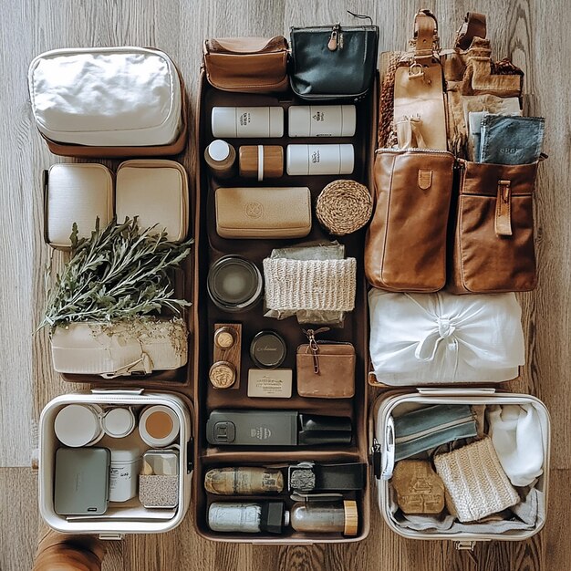 Photo a box of different items including a brown bag with a white bow