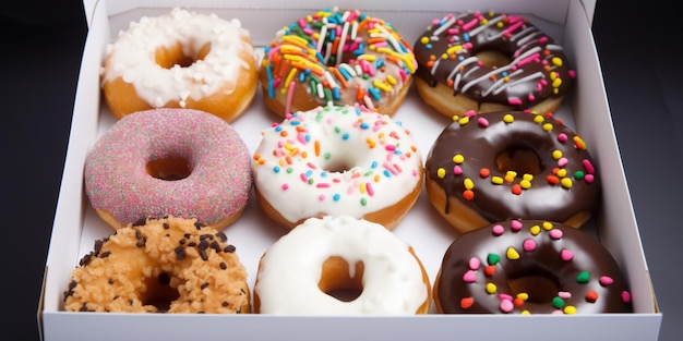 A box of donuts with different flavors including sprinkles and chocolate.