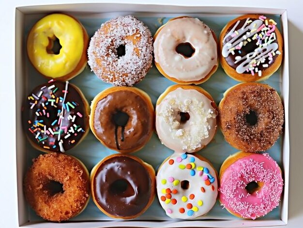 Photo a box of donuts with different flavors of sprinkles