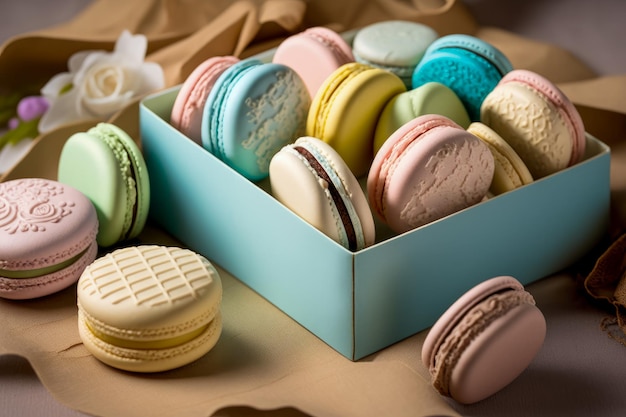 Box filled with colorful macarons sitting on top of table Generative AI