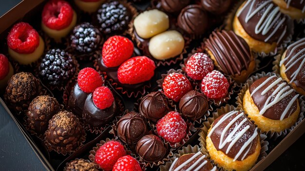 A box filled with delicious pastries topped with fresh fruits and chocolate presented by a pastry c