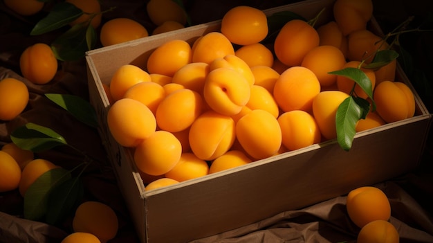 Box filled with sweet golden apricots closeup realistic photo Generative AI