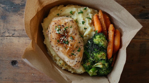 Photo a box of food that has chicken broccoli and carrots on it