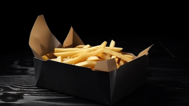 A box of french fries sits on a table.