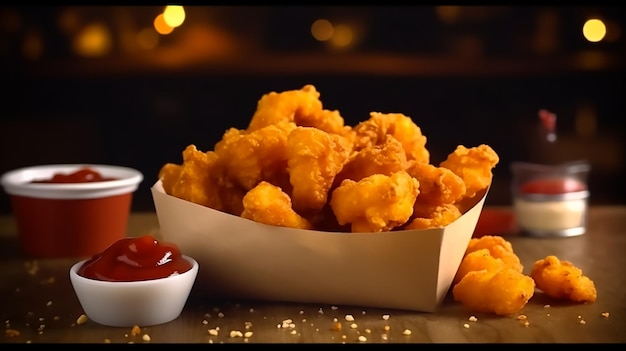 A box of fried chicken with ketchup on the side