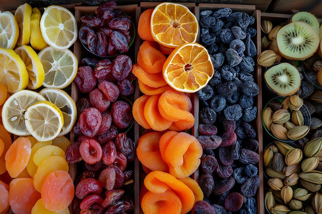 Photo a box of fruit including grapes oranges and kiwi