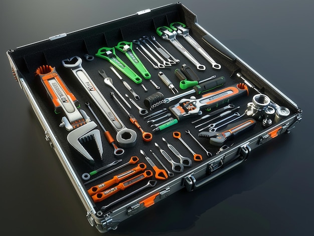 a box full of tools including one that has a green handle