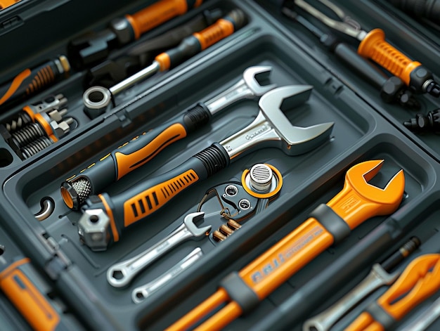 a box full of tools including a wrench