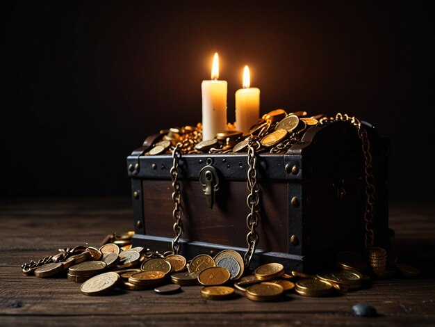 a box of gold coins with a lit candle in the middle