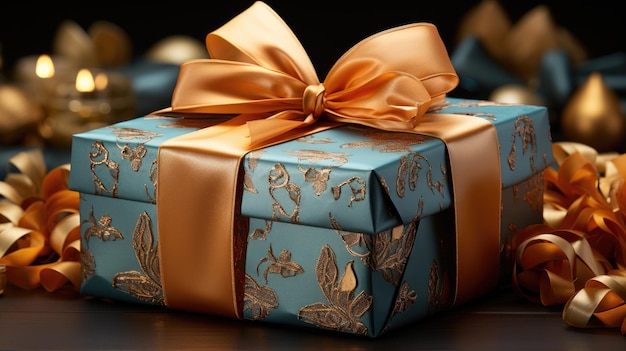 a box of gold ribbon with a gold bow on it