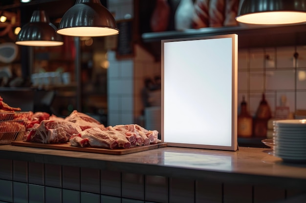 Photo a box of meat is open on a counter with a light on it