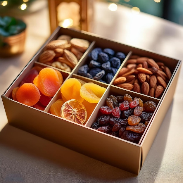 Photo a box of nuts including almonds almonds and raisins