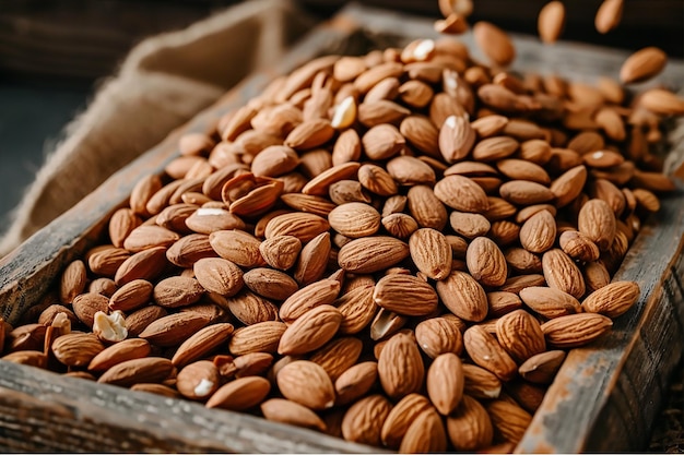 a box of nuts including almonds including one that has a lot of them