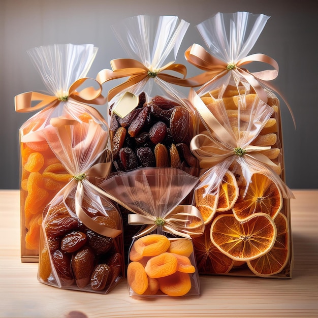 a box of nuts and oranges with a ribbon tied around the top