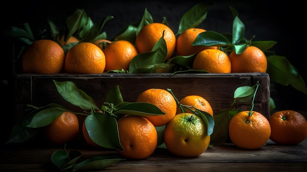 A box of oranges with green leaves and oranges