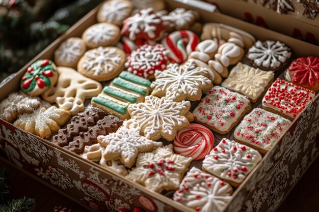 Photo box overflowing with an assortment of colorful and delicious christmas cookies