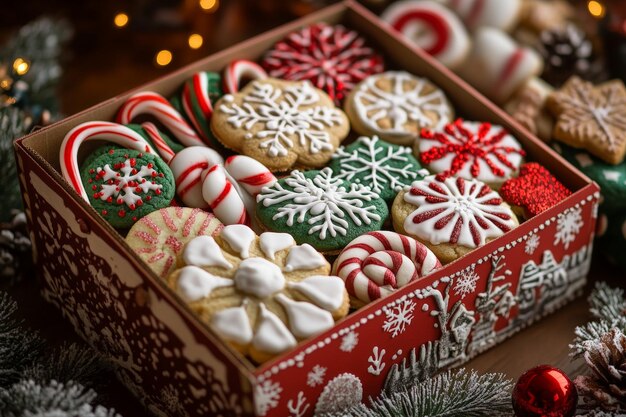 Photo box overflowing with an assortment of colorful and delicious christmas cookies