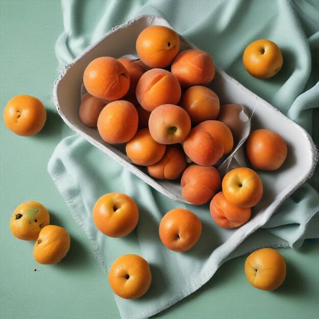 a box of peaches with a green cloth on it