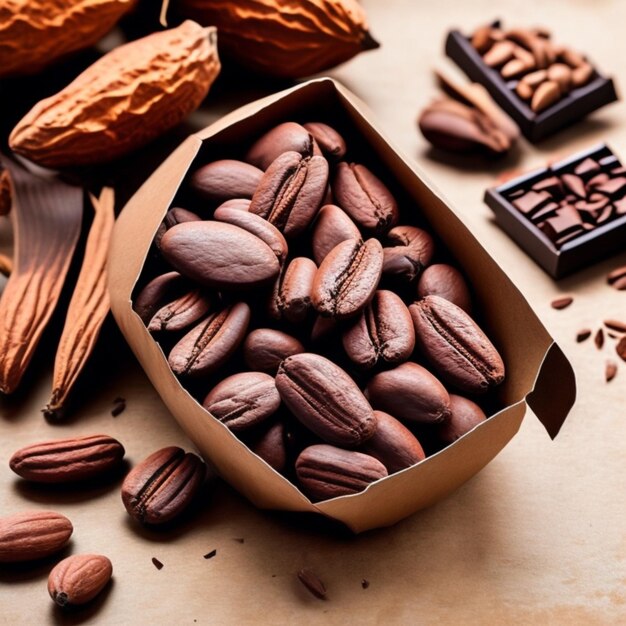 A box of pecans sits on a table next to a box of chocolates and a chocolate bar.