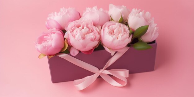 A box of pink flowers with a ribbon that says'peonies'on it