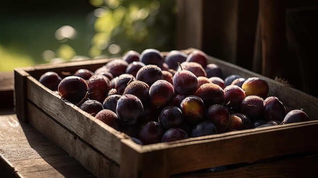 A box of plums on a table