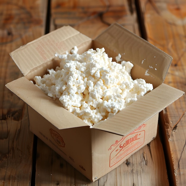 a box of popcorn that is brown and white