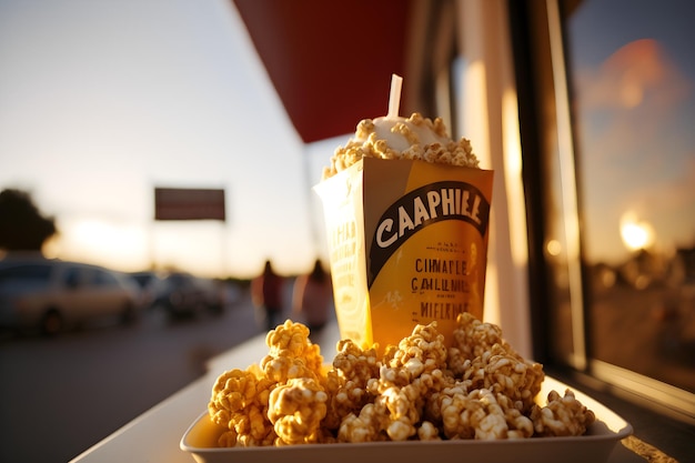 A box of popcorn with a straw in it and a cup of popcorn in the background.