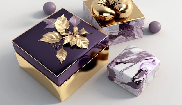 Photo a box of purple and gold perfumes sits on a table