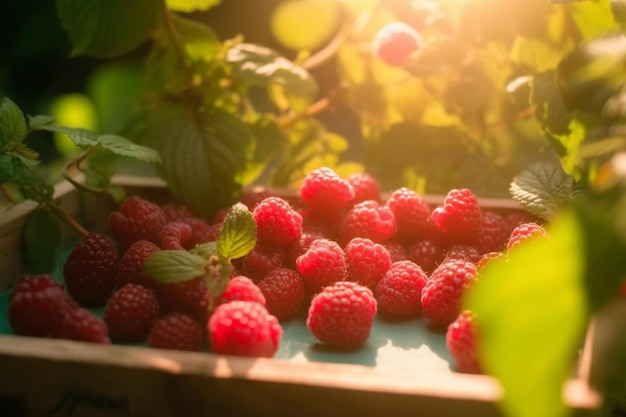 A box of raspberries sits in the sun