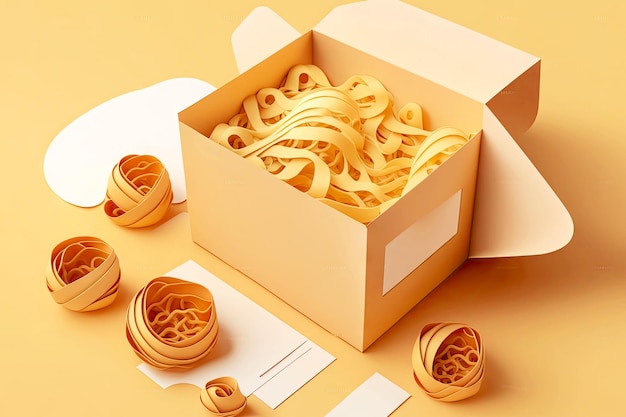 Box of spaghetti dry pasta for delicious italian cuisine on light background generative ai