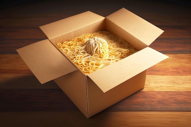 Box of spaghetti dry pasta on wooden table generative ai