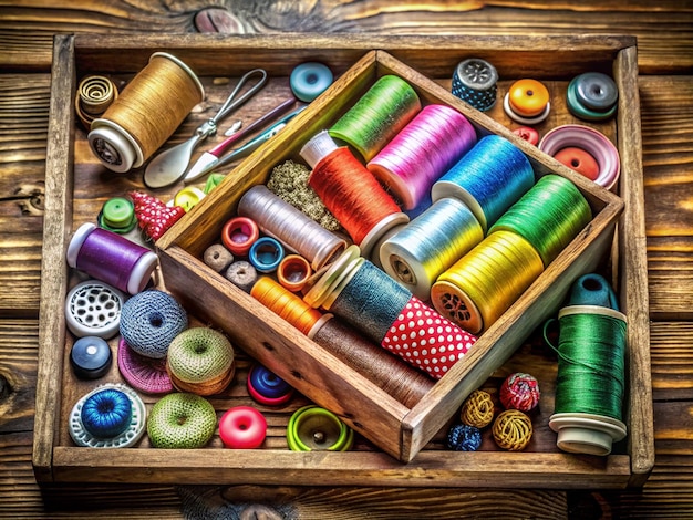 a box of spools with a sewing machine and a sewing machine