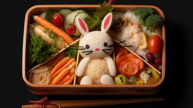 A box of sushi with a bunny on it