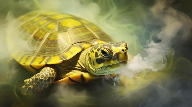 The box turtle a symbol of patience and longevity amid swirling yellow smoke