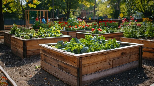 a box of vegetables in a garden with a person in the background