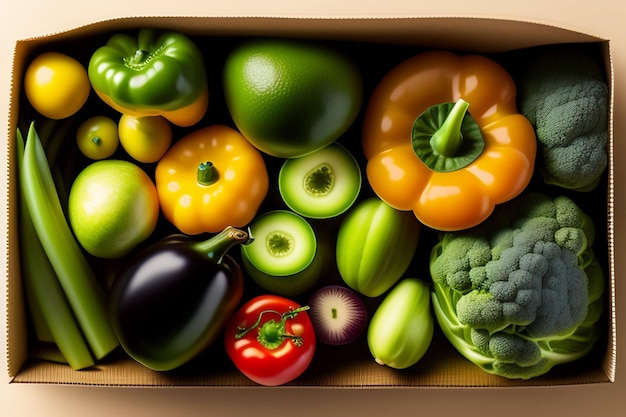 A box of vegetables including broccoli, broccoli, and other vegetables.