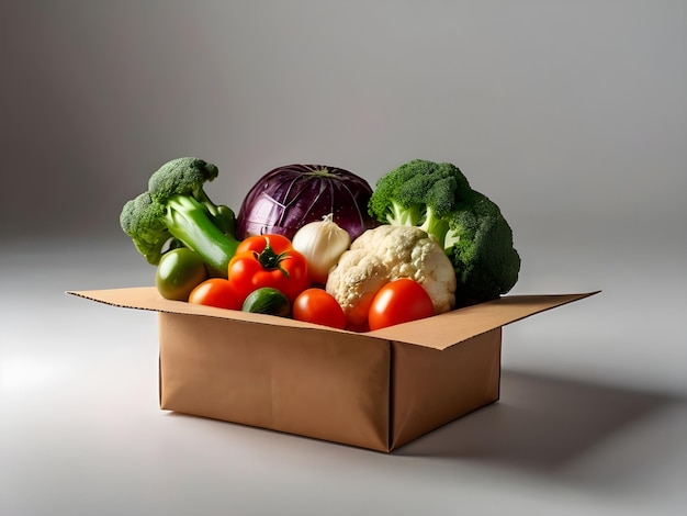 a box of vegetables including broccoli cauliflower and tomatoes