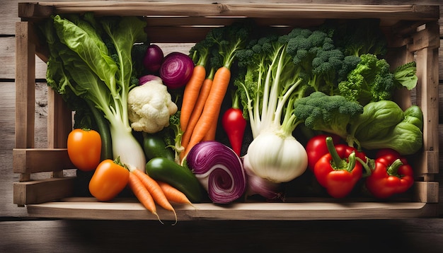 a box of vegetables including carrots broccoli radishes and celery