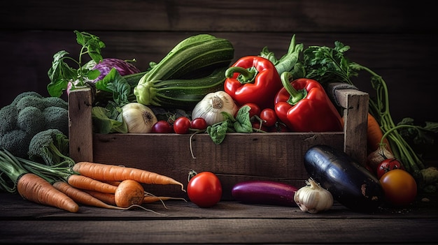 A box of vegetables with a dark background