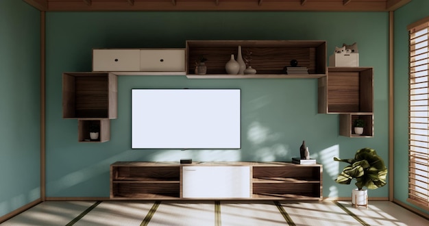 Box Wall Shelves on living room japanese style tatami mat and decoration lamp and plants on mint zen room3D rendering