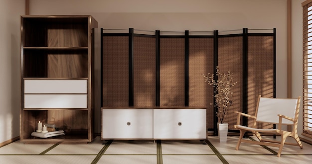 Box Wall Shelves on living room japanese style tatami mat and decoration lamp and plants on white zen room3D rendering