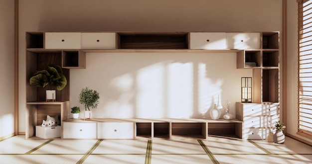 Box Wall Shelves on living room japanese style tatami mat and decoration lamp and plants on white zen room3D rendering