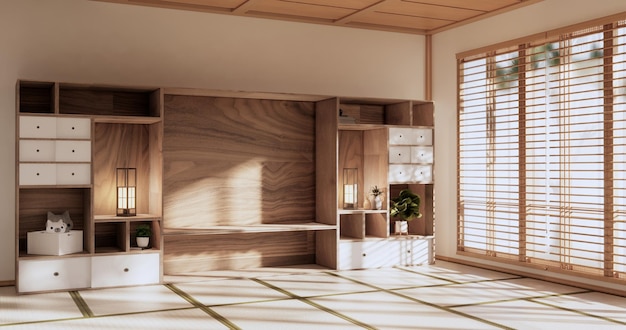 Box Wall Shelves on living room japanese style tatami mat and decoration lamp and plants on white zen room3D rendering