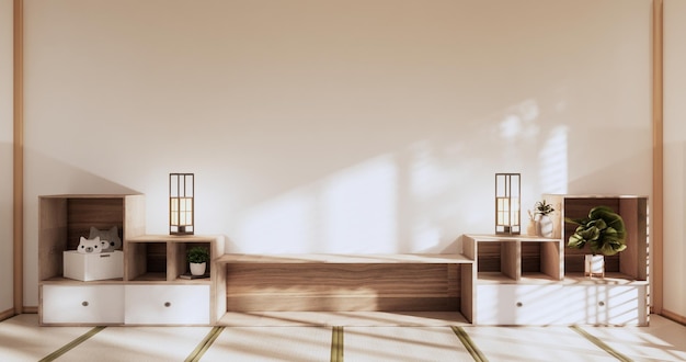 Box Wall Shelves on living room japanese style tatami mat and decoration lamp and plants on white zen room3D rendering