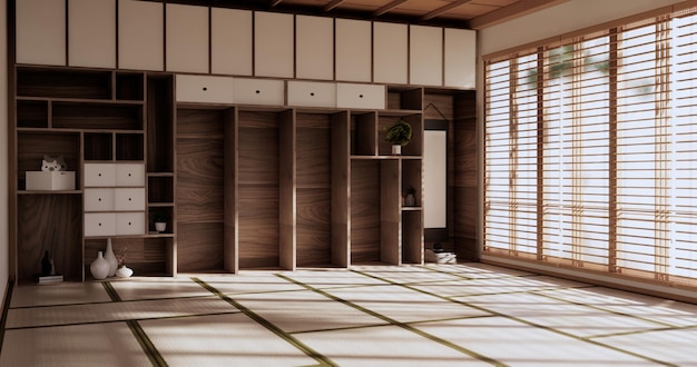 Box Wall Shelves on living room japanese style tatami mat and decoration lamp and plants on white zen room3D rendering