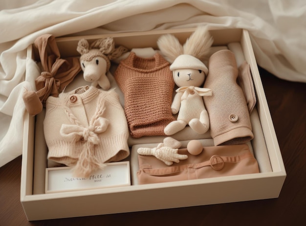 Box with baby stuff and accessories for newborn on bed Gift box with knitted blanket clothes socks shoes and toy Baby shower concept Flat lay top view